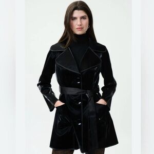Joseph Ribkoff Shiny Black Trench Coat Mid-length, Vinyl, Tie Waist,224907, S/P